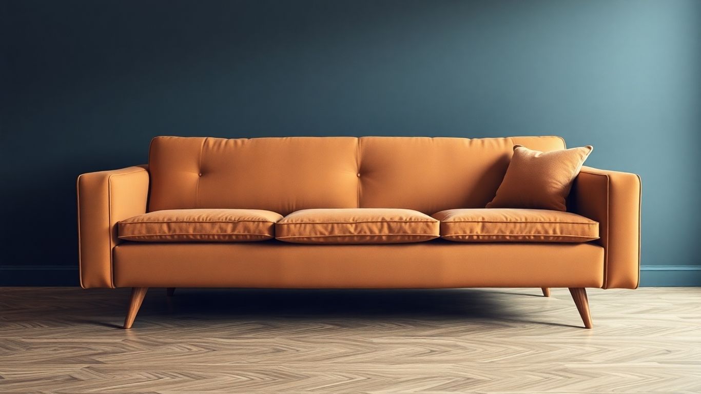 Retro-inspired sofa with plush upholstery and tapered legs.