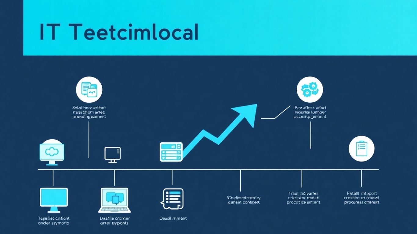 IT technical support career infographic with icons and upward arrow.