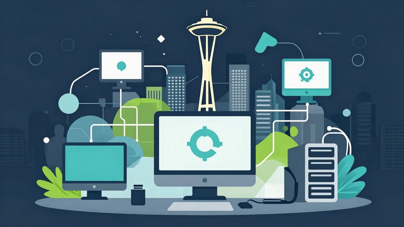 Seattle skyline with IT service icons and network connections.