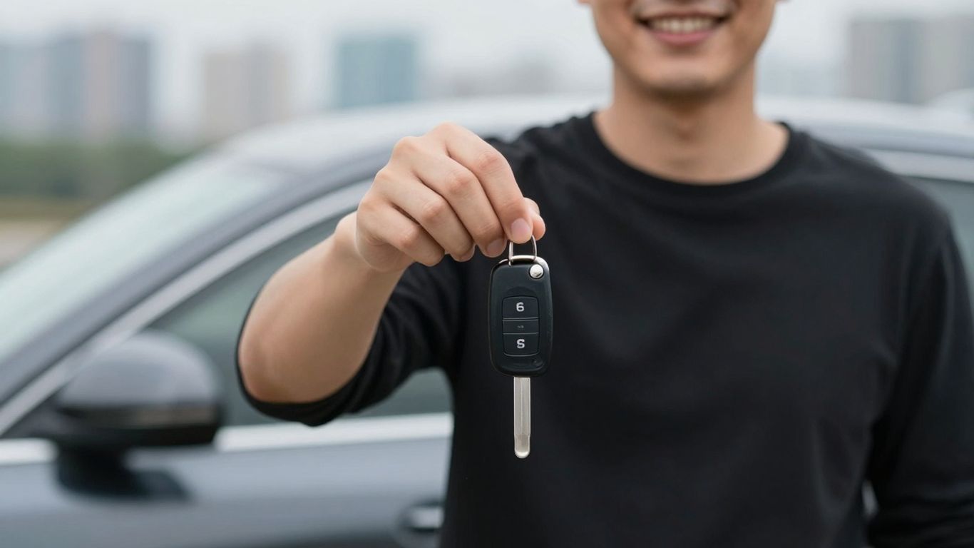 شخص سعيد يحمل مفاتيح سيارة أمام سيارة حديثة
