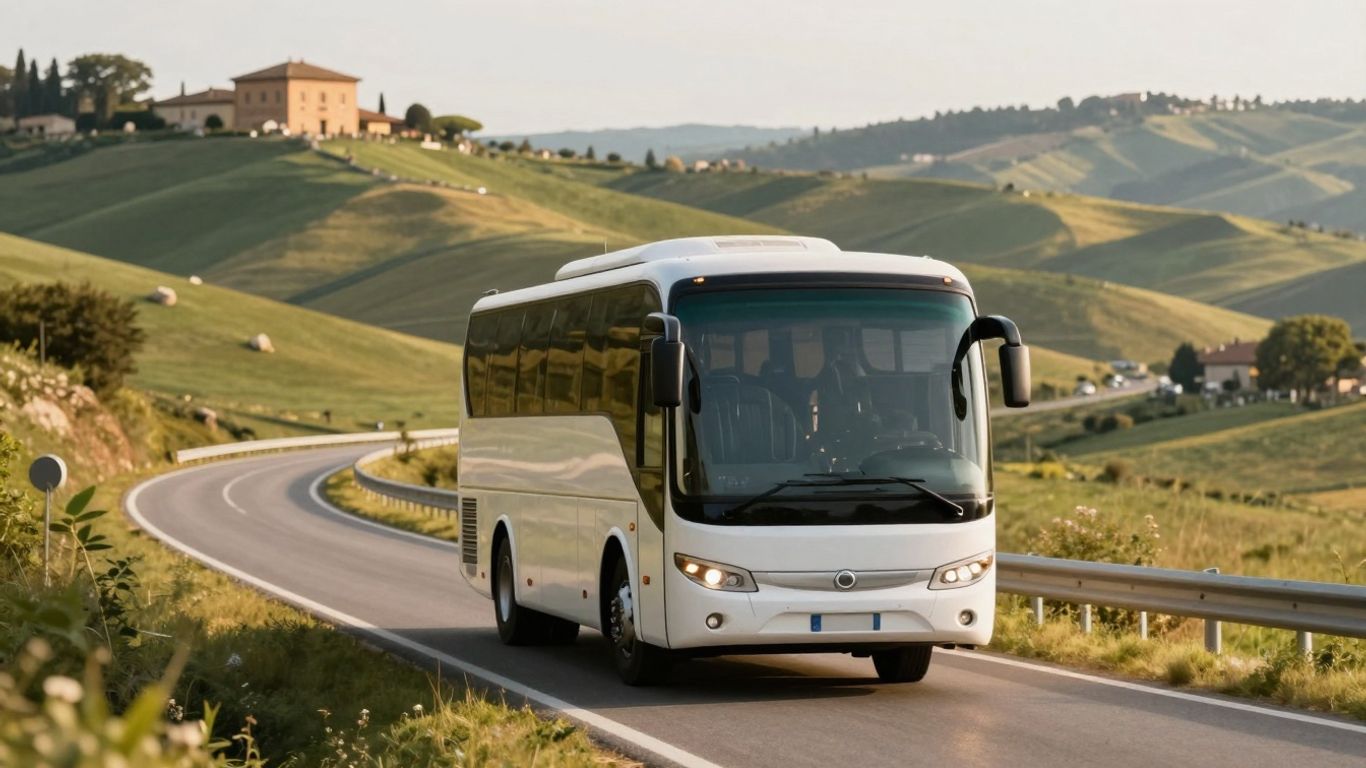 Ein Reisebus f&auml;hrt auf einer italienischen Landschaftsstra&szlig;e.