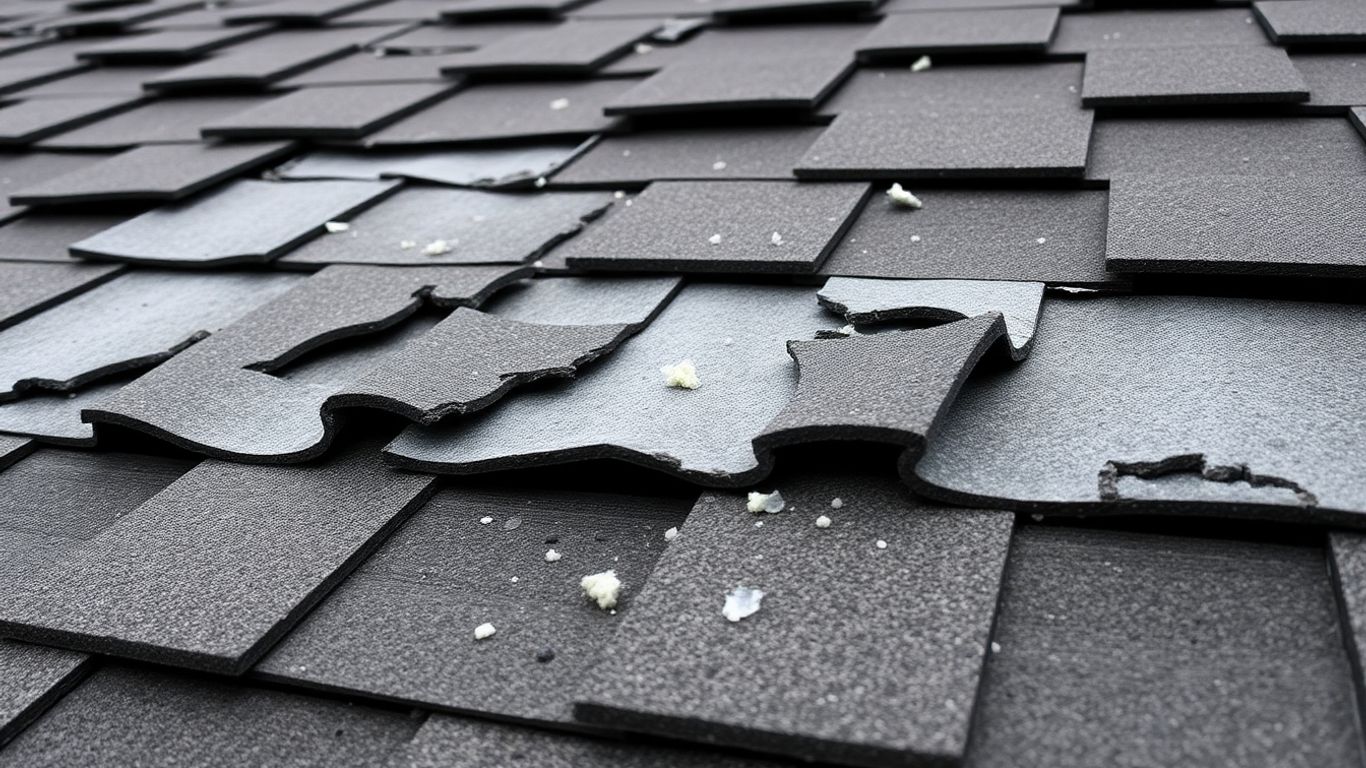 Damaged residential roof with missing and curled shingles.
