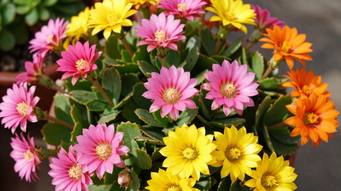 Bloeiende vetplanten buiten in volle zon.