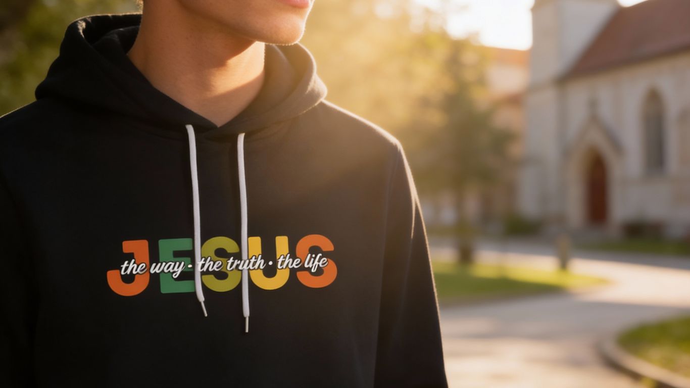 A person wears a black hoodie with 