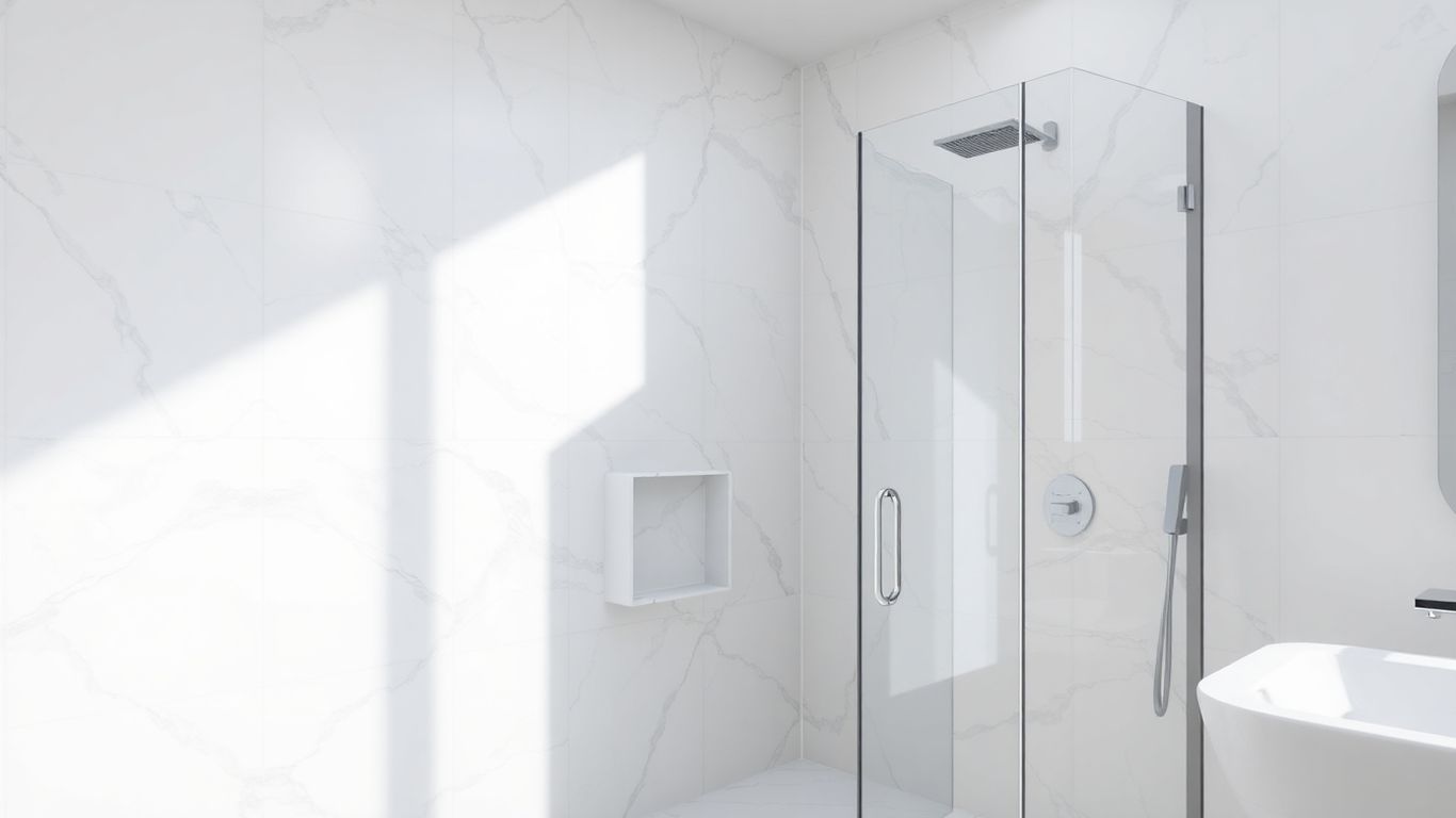 Elegant marble shower with polished tiles and subtle veining.