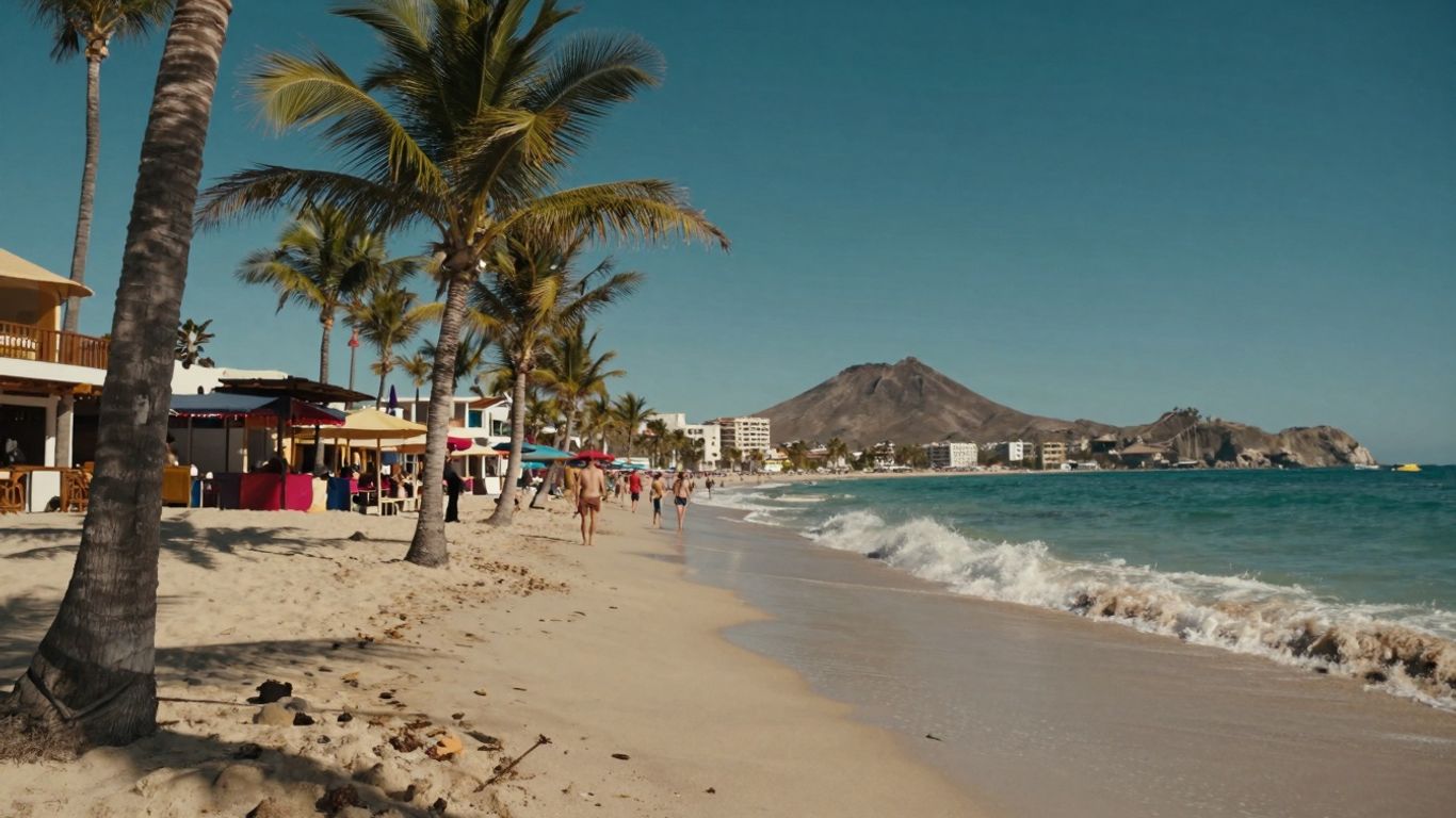 Cabo beach in December with palm trees and mountains.