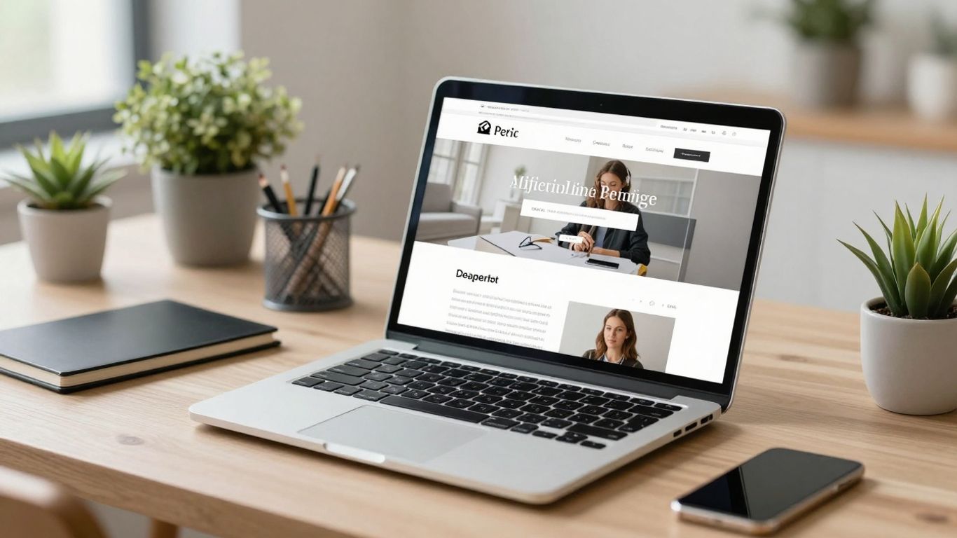 Laptop on desk building website in modern workspace