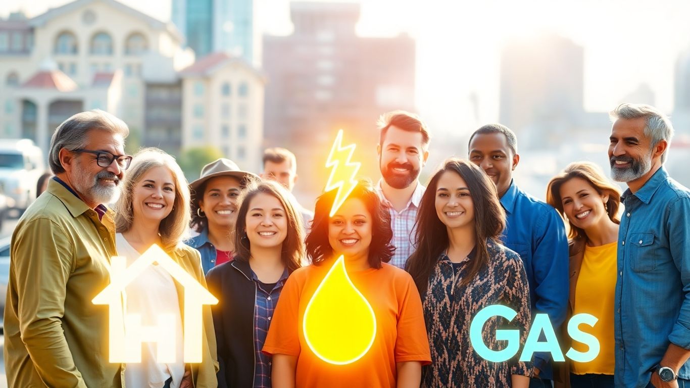 Community members and business owners with utility icons.