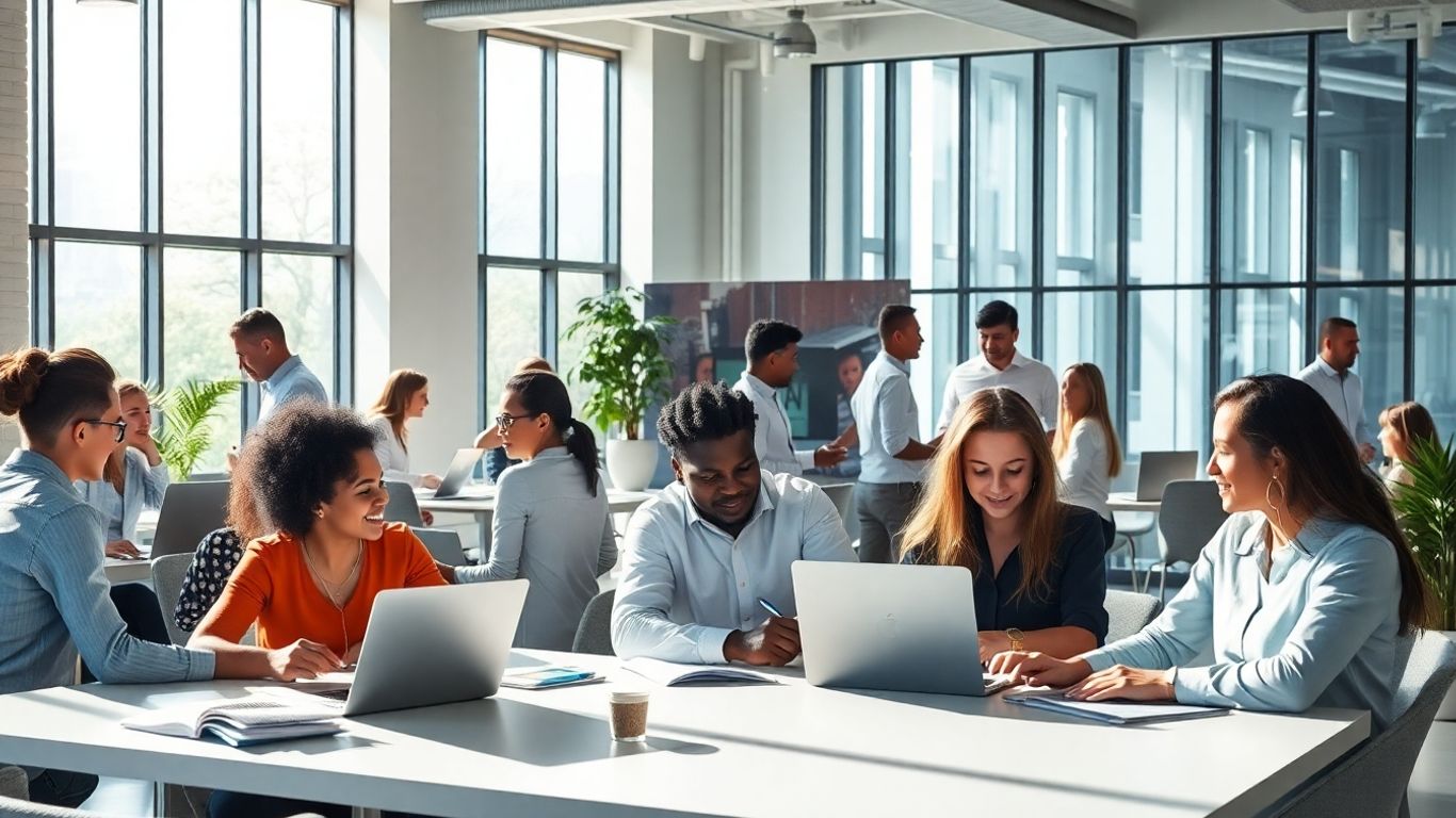 Personas trabajando en oficinas modernas buscando empleo.