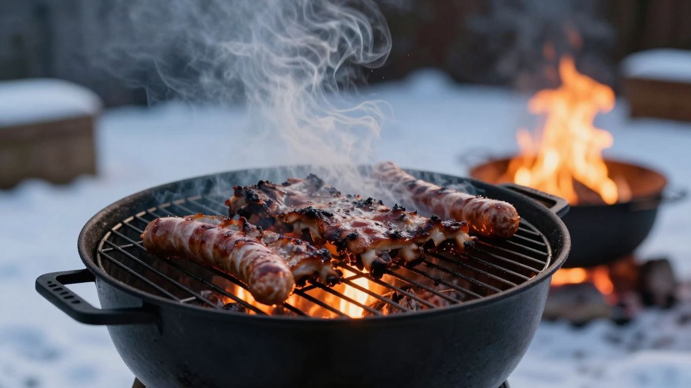 Winter BBQ with smoky ribs and fire pit.