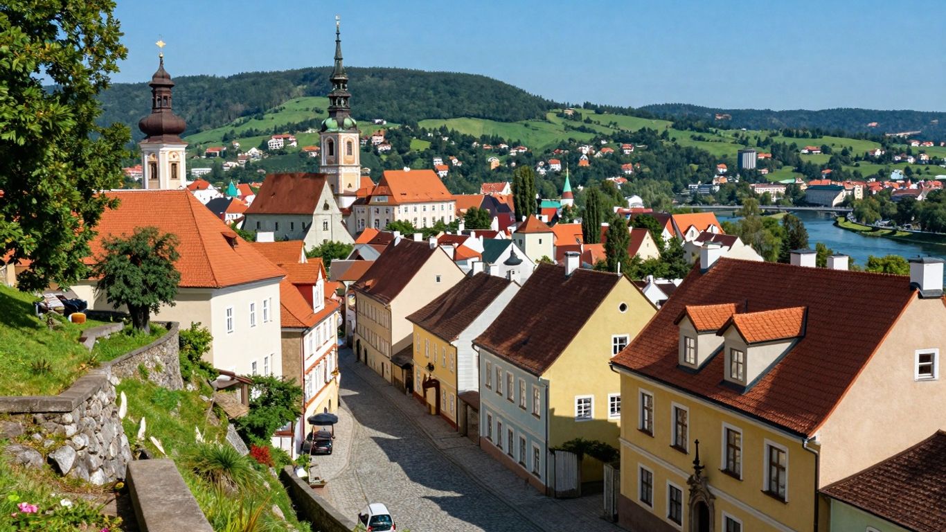 European cityscape with landmarks and rolling hills.