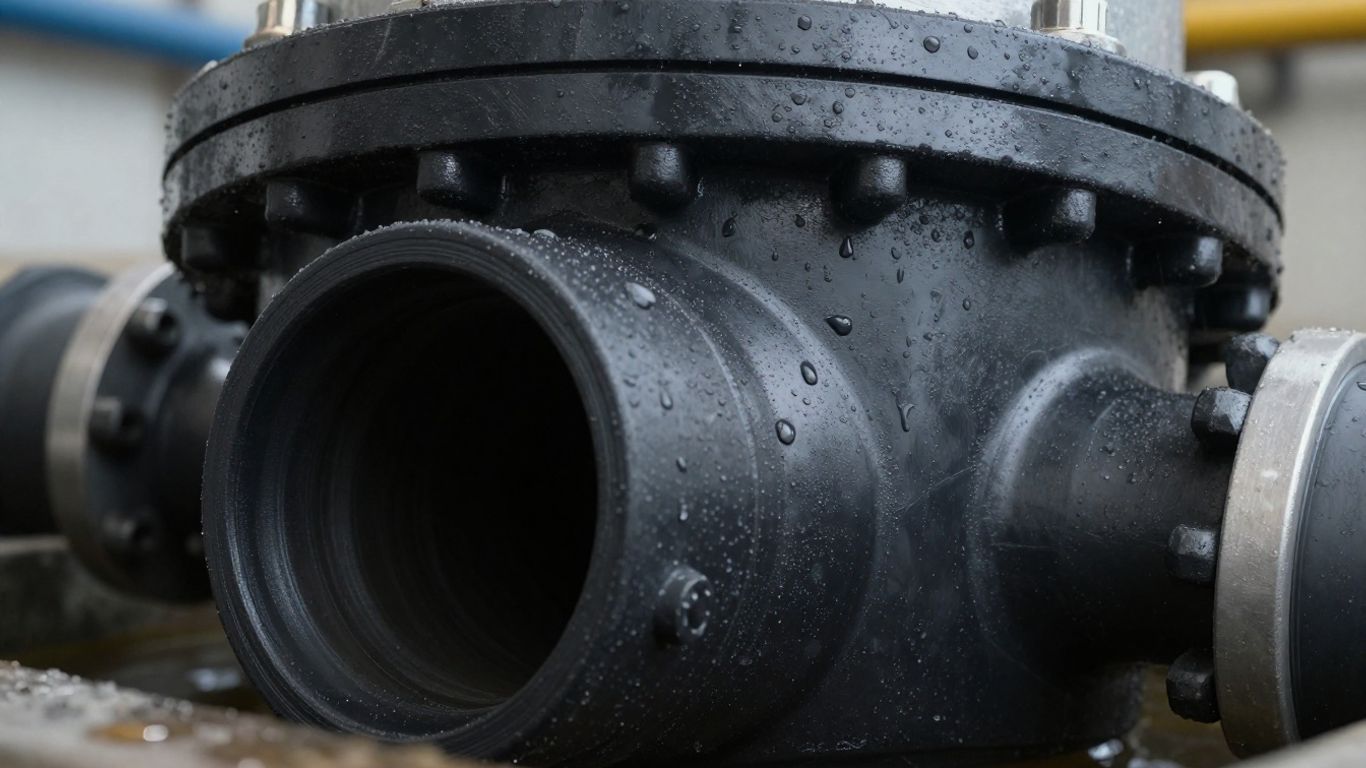 Industrial well seal with metallic components and water droplets.
