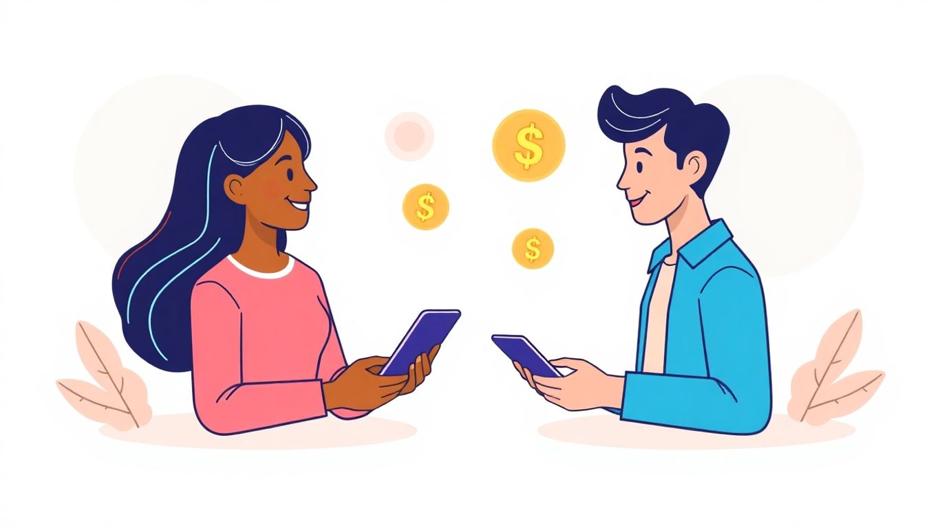 People exchanging money digitally via mobile phones.