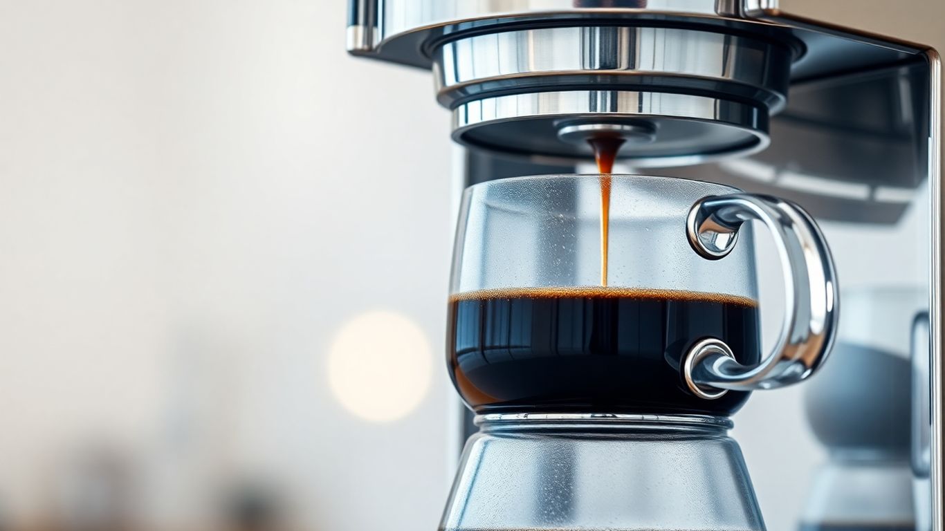 Kaffeemaschine aus Edelstahl und Glas mit dampfendem Kaffee.