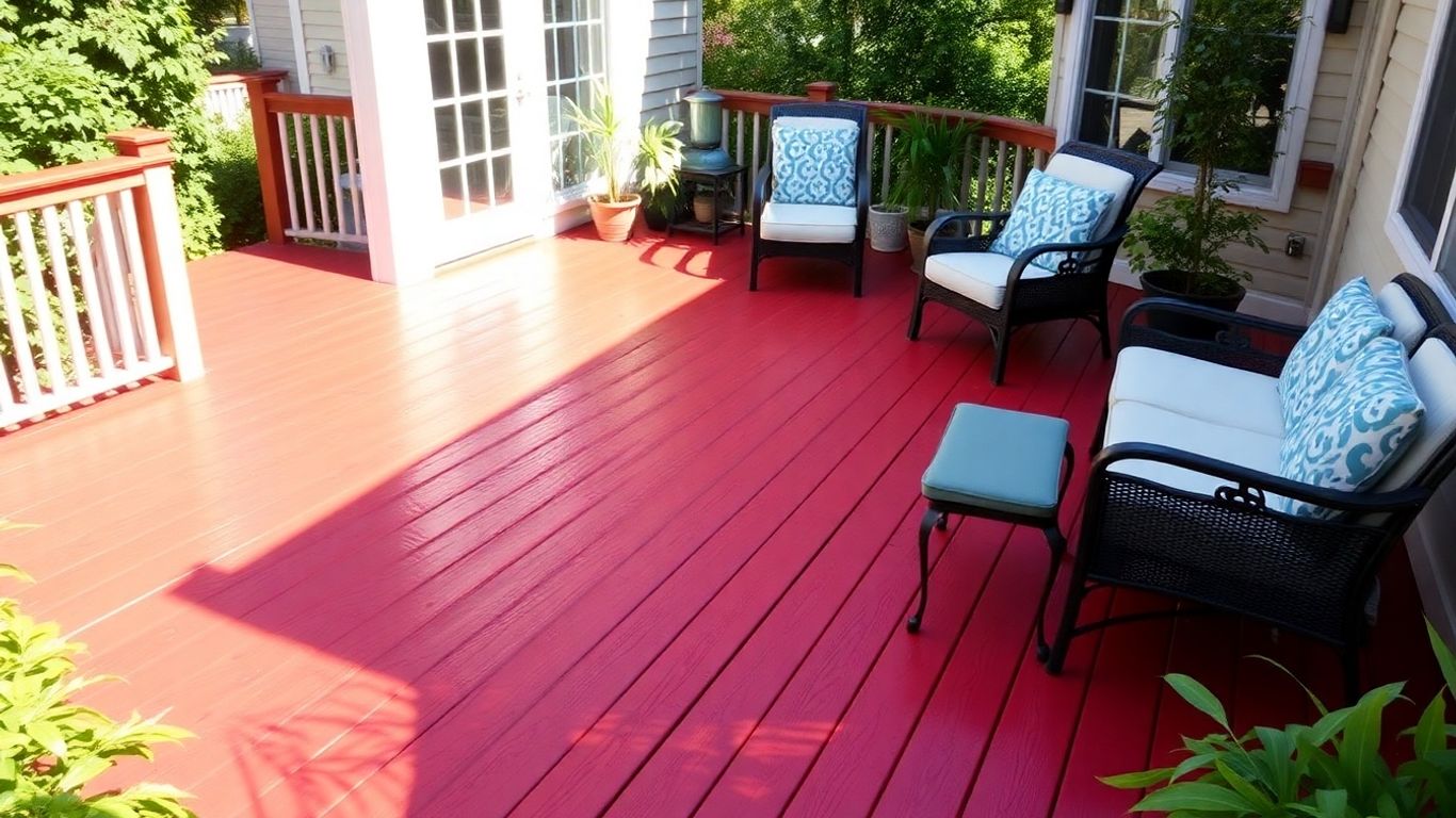 Newly painted deck with outdoor furniture and plants.