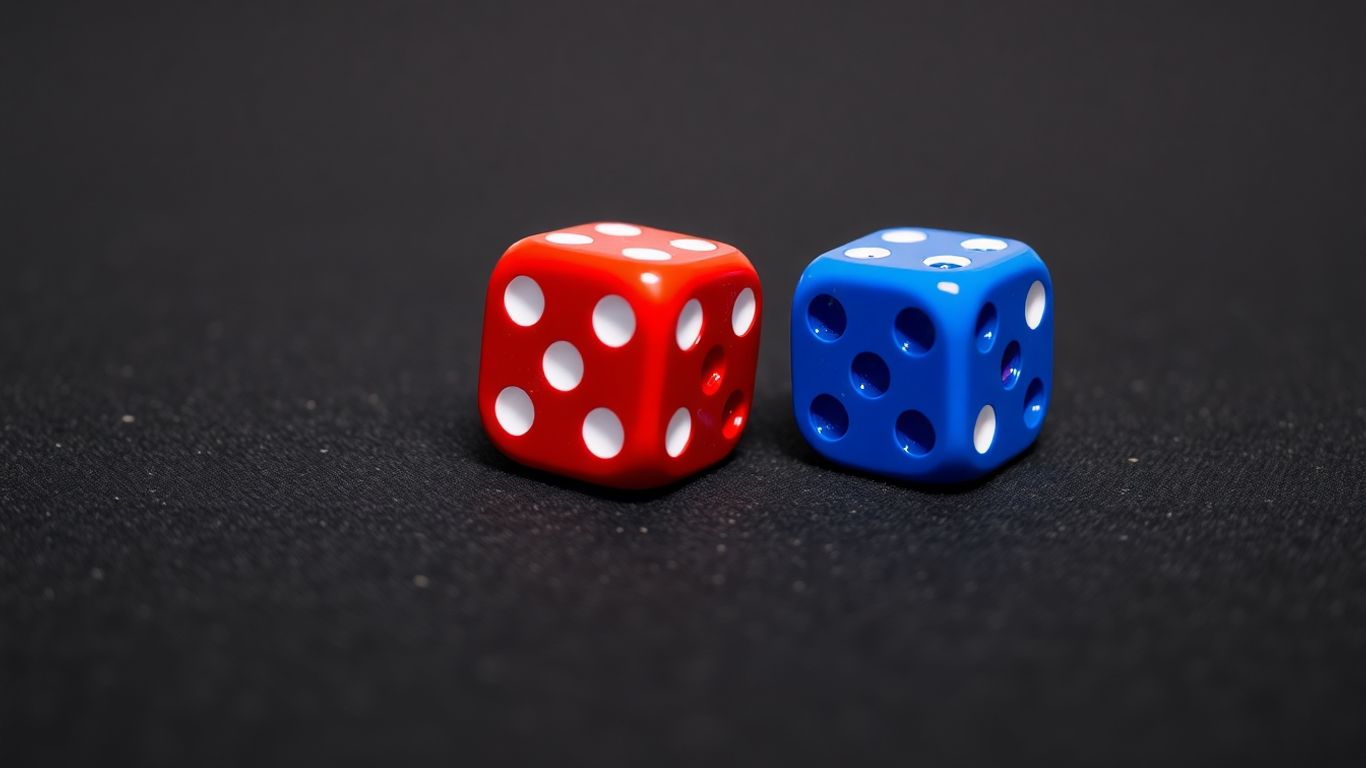 Red and blue dice on a dark surface.