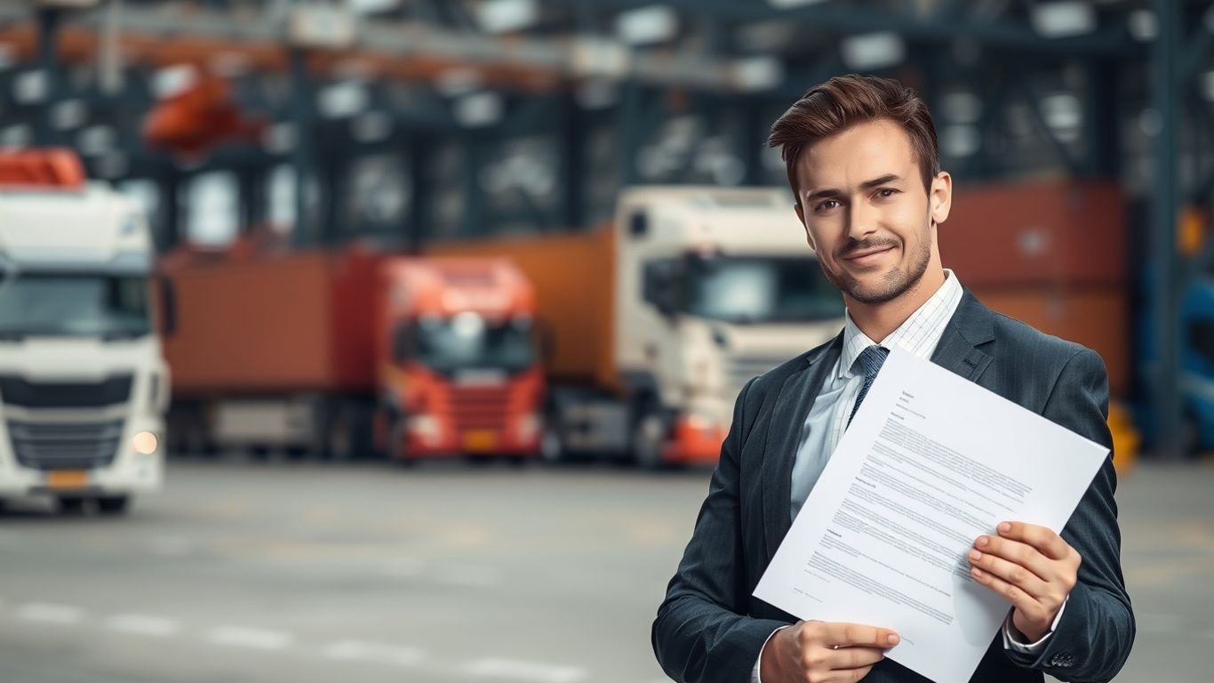 Freight broker license document and logistics hub.