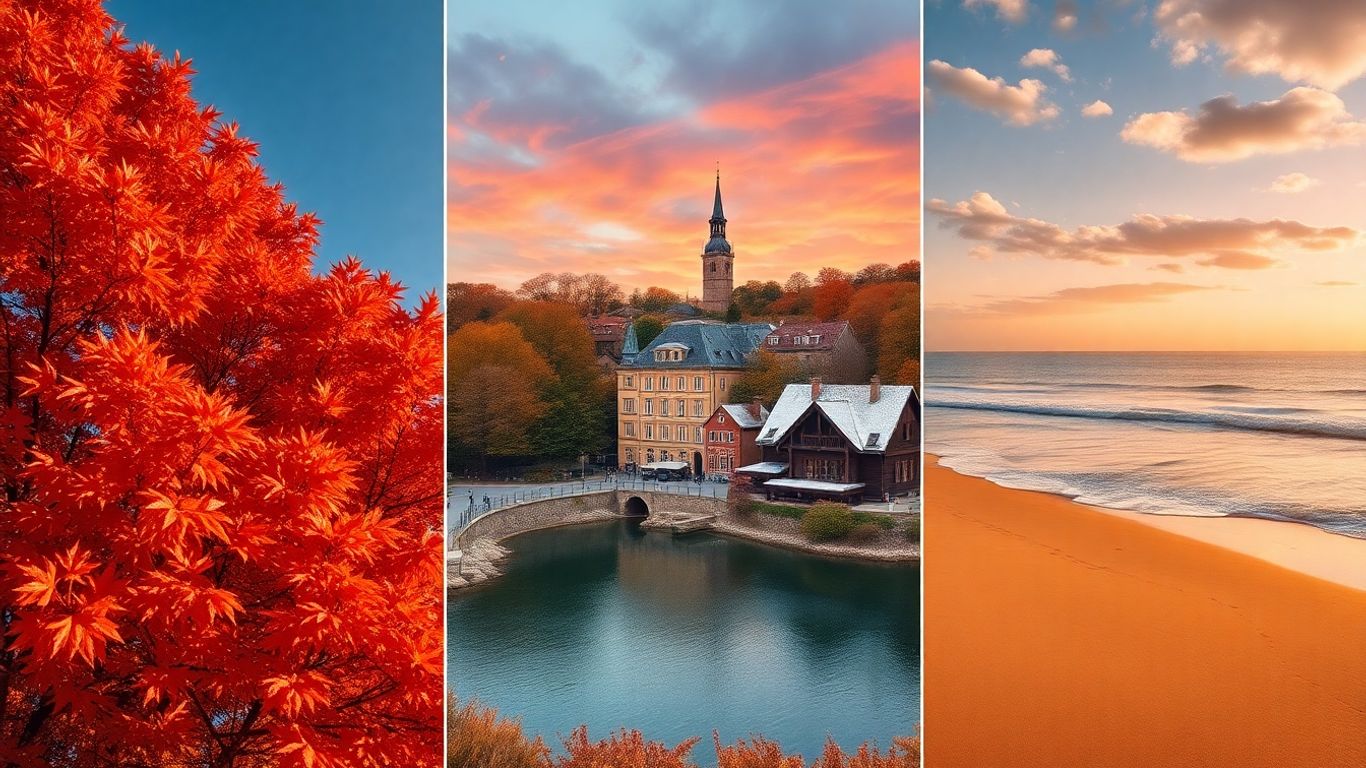 Autumn landscapes: forest, village, and beach.