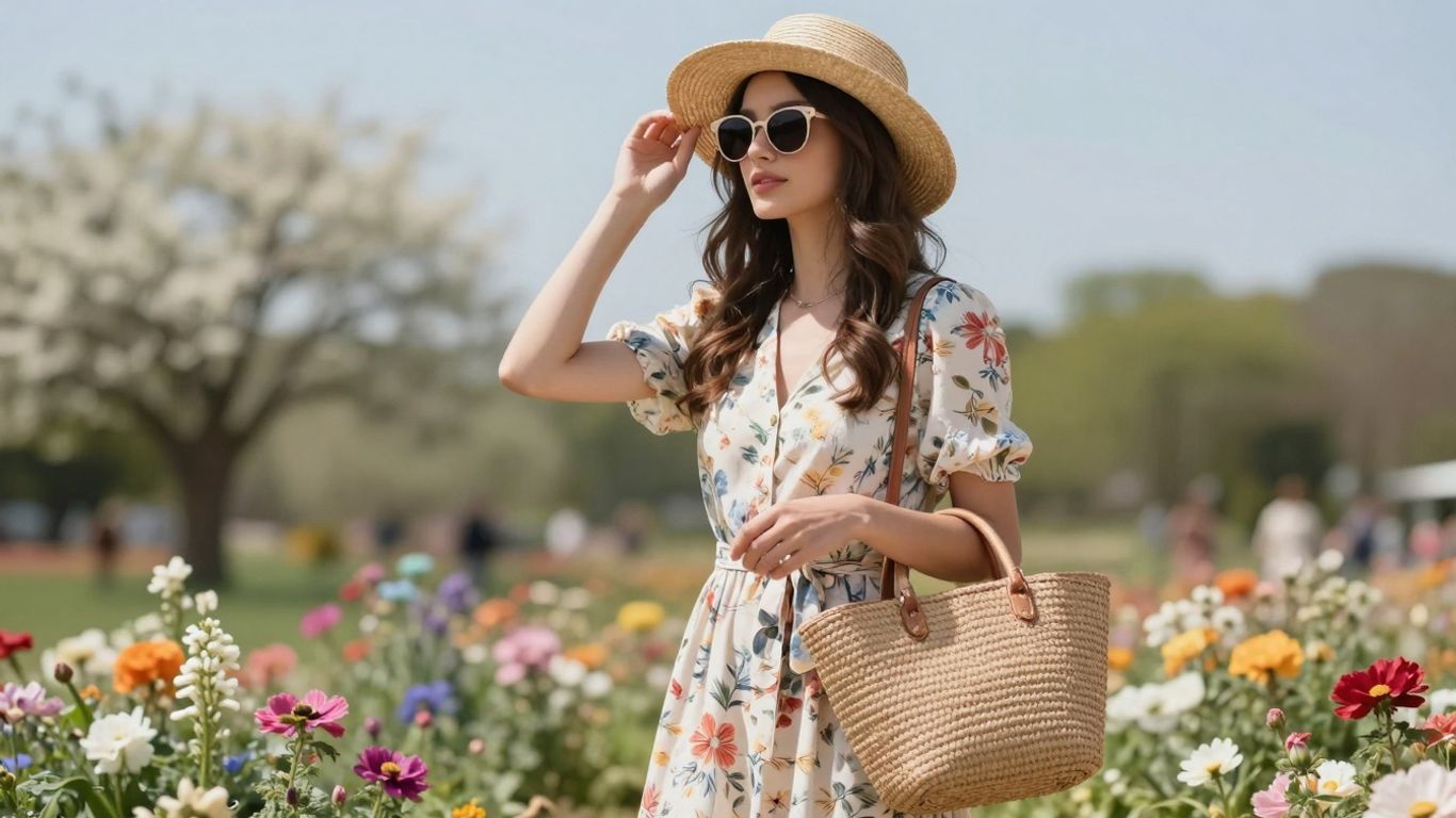 Woman in floral dress with sunglasses and straw hat.
