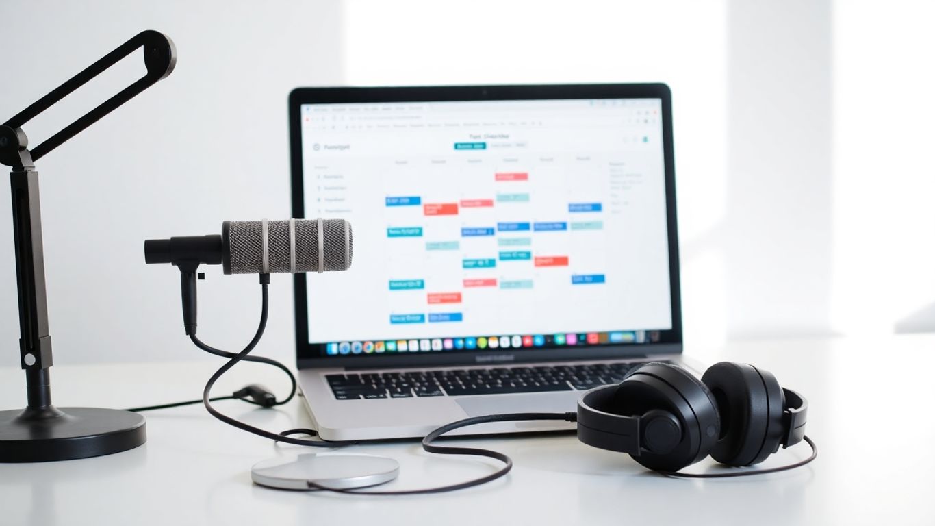 Micrófono, auriculares y calendario en un escritorio.