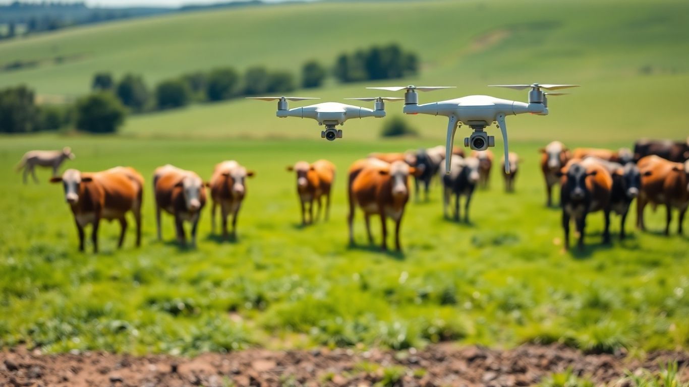 Cattle grazing on a green pasture with a drone overhead.