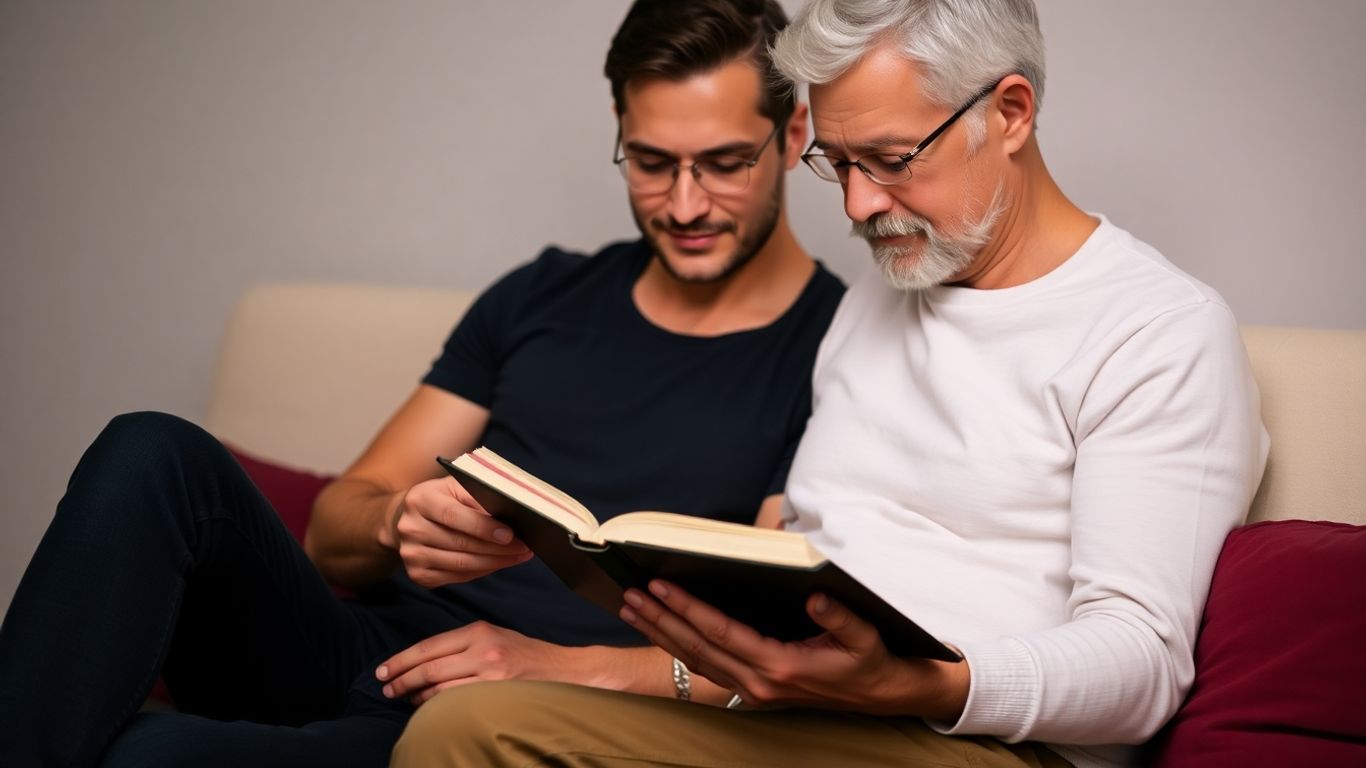 Couple reading a book together on a sofa.