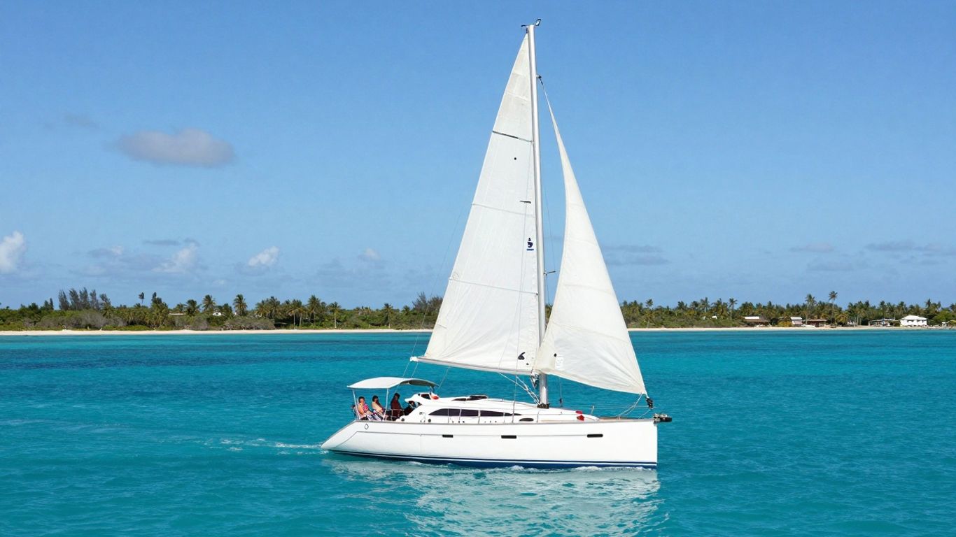 Sailboat on clear Caribbean water near islands.