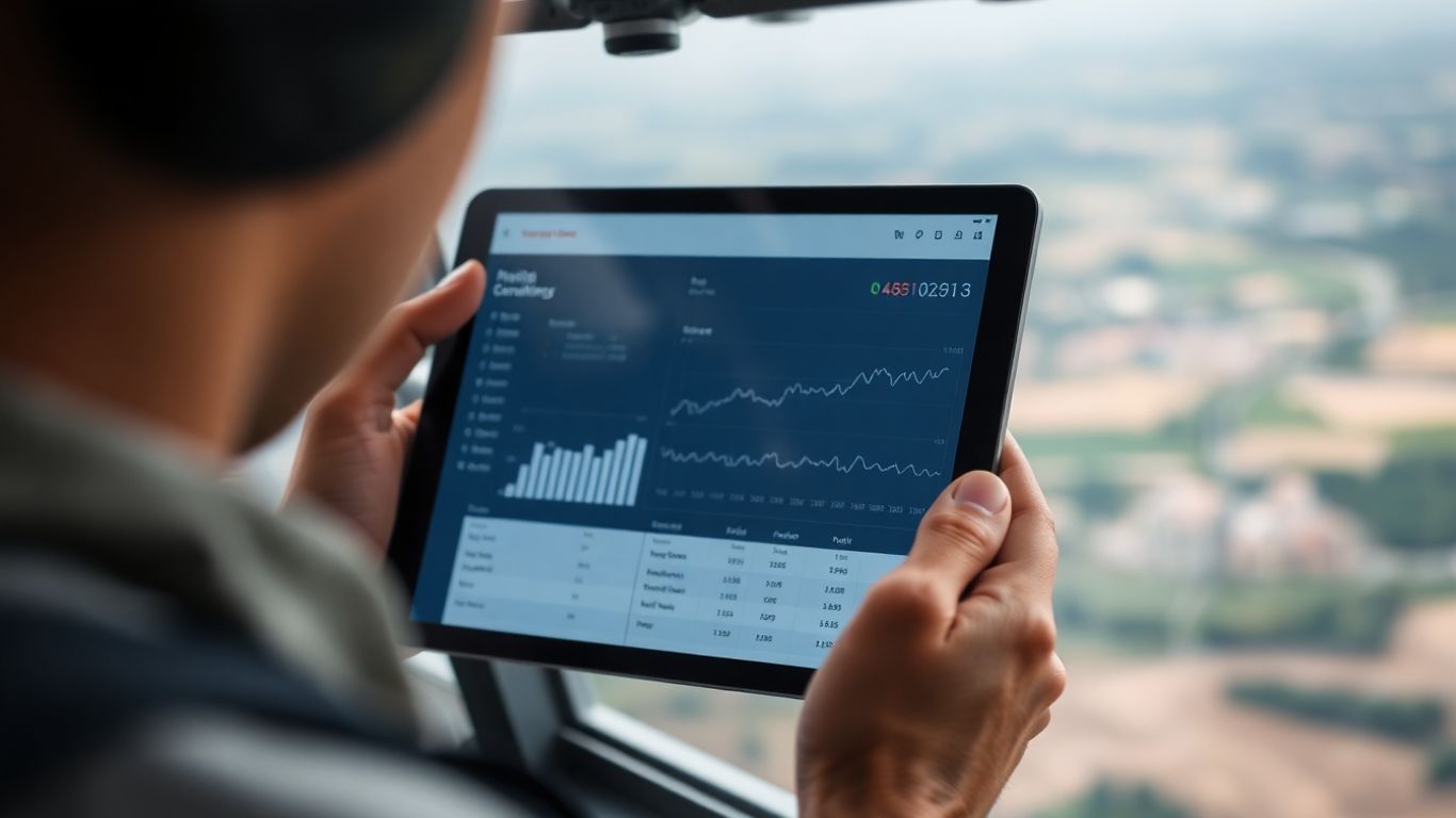 Drone operator using bookkeeping software on a tablet.