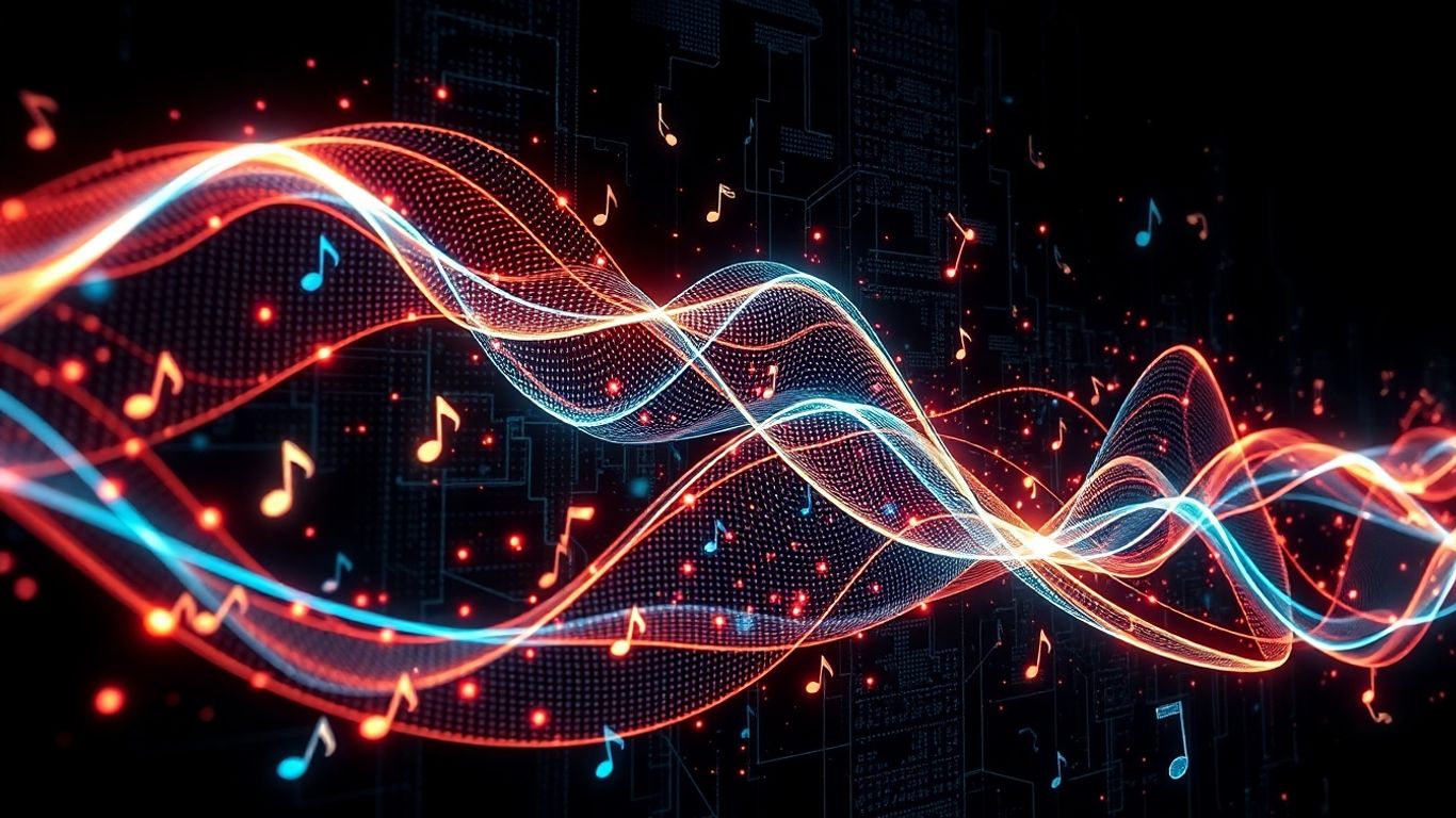 AI analyzing musical patterns and sound waves.