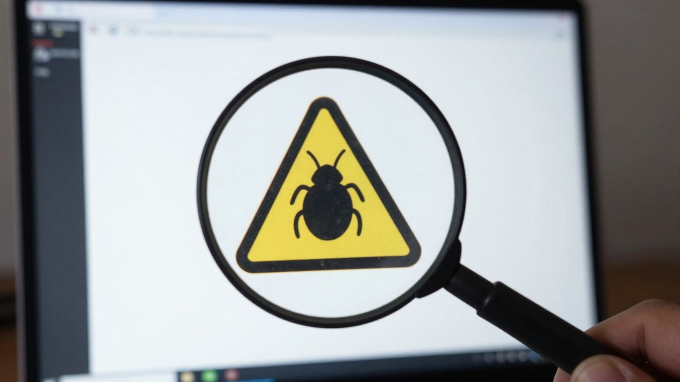 Computer screen with virus warning and magnifying glass.