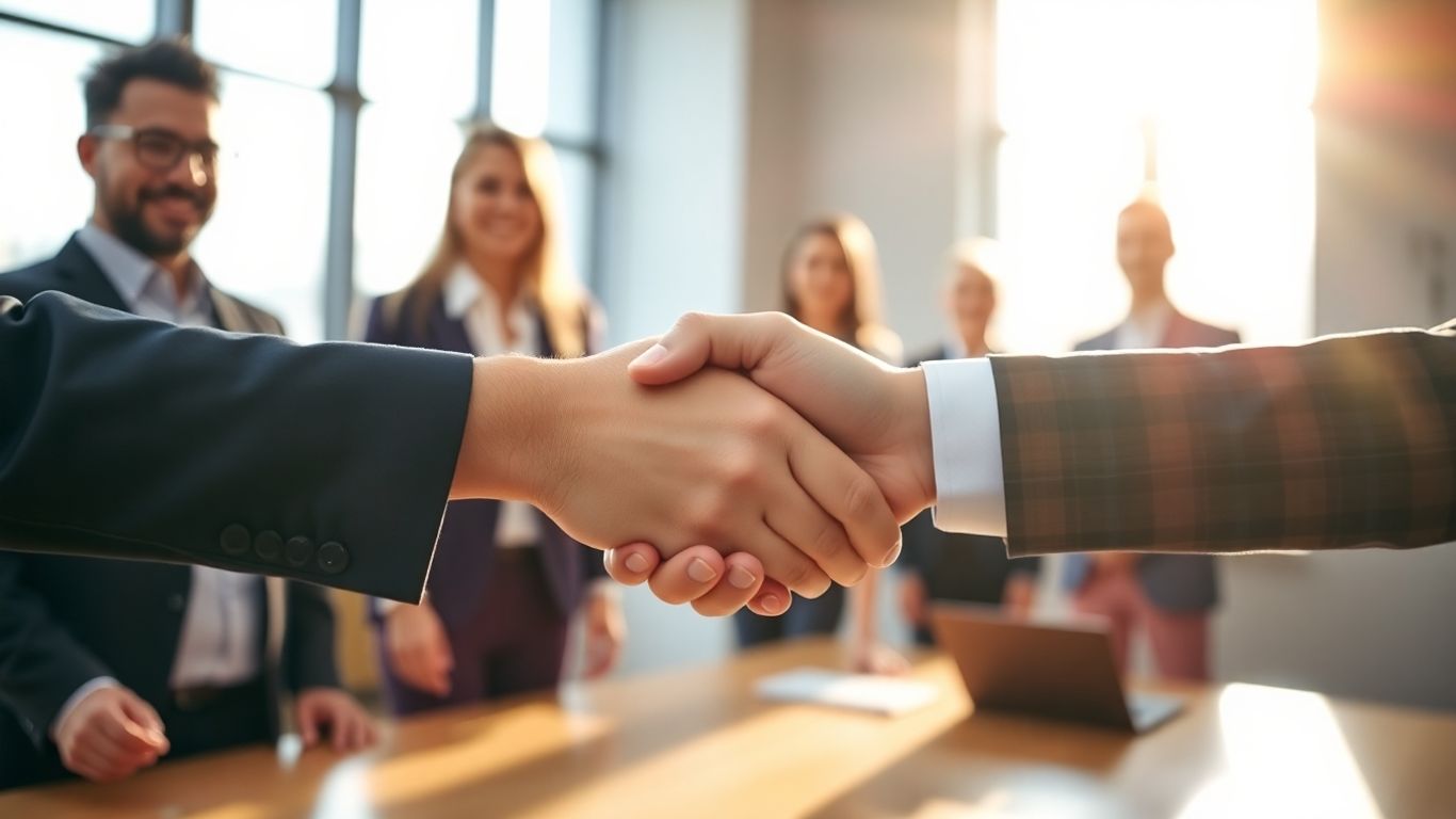 Handshake symbolizing a marketing agency sale agreement.