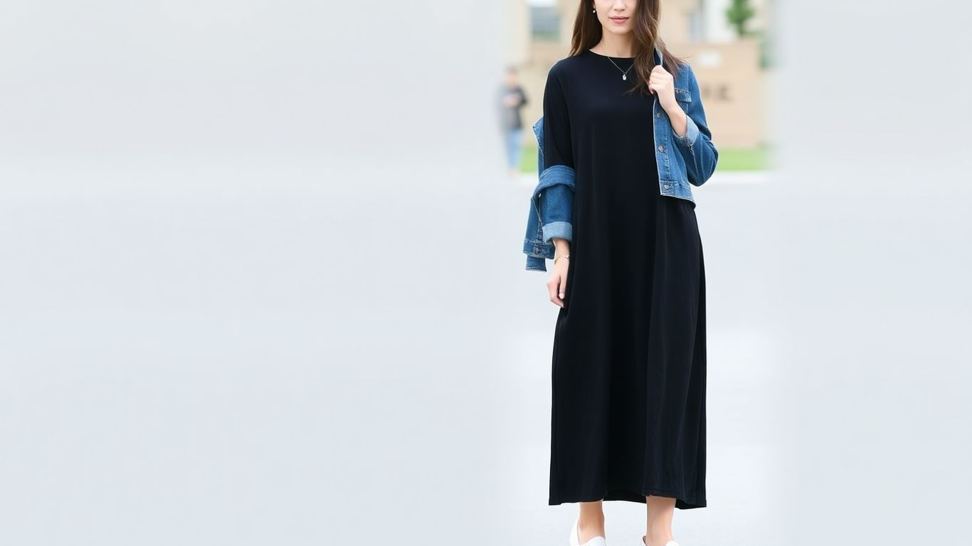 Woman in casual long sleeve black dress and sneakers.