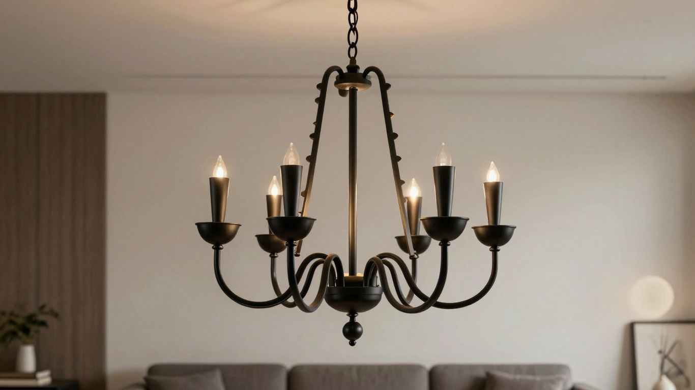 Elegant black chandelier in a modern living room.