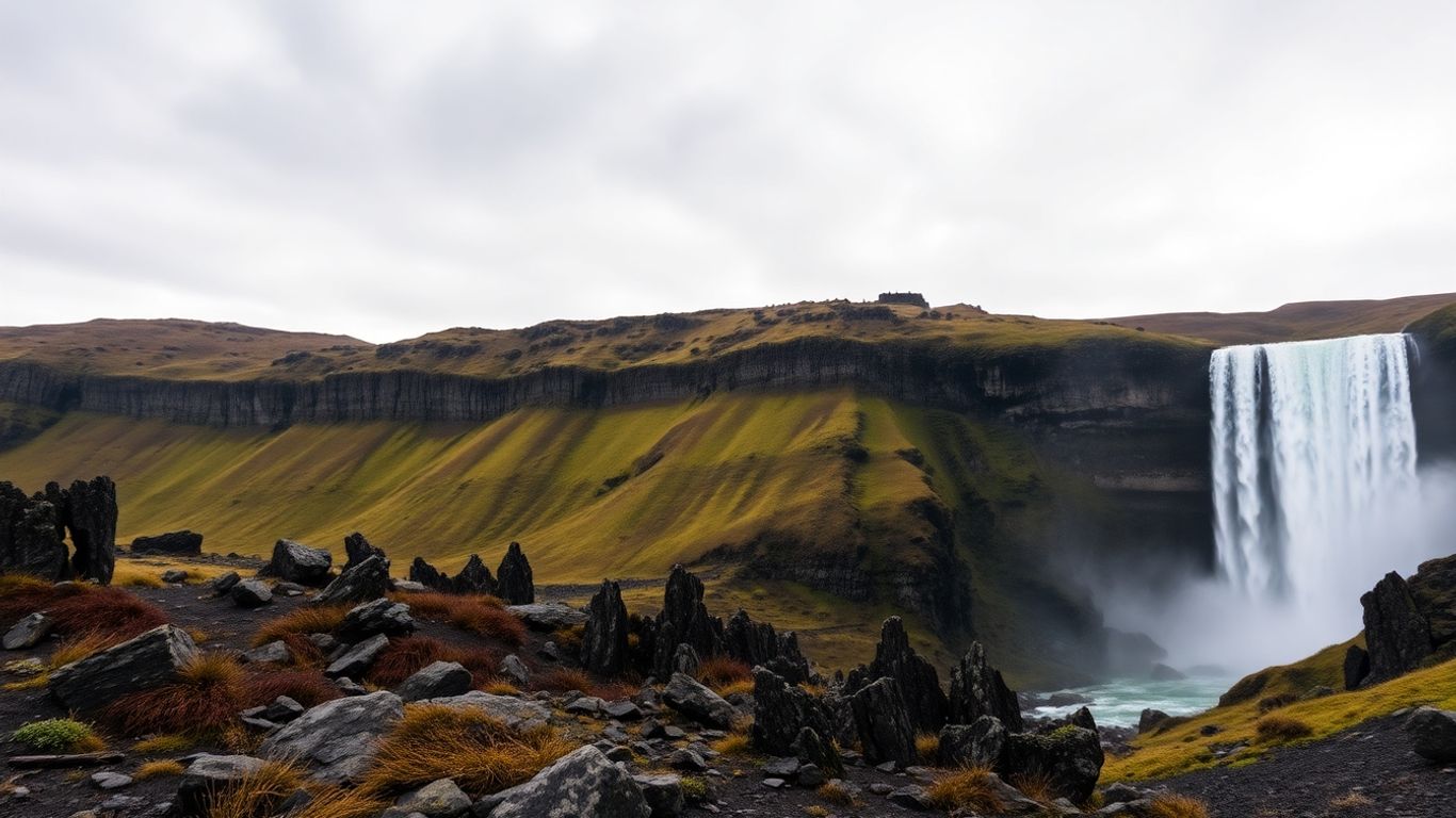 Wodospad na Islandii z zielonymi klifami i mgłą