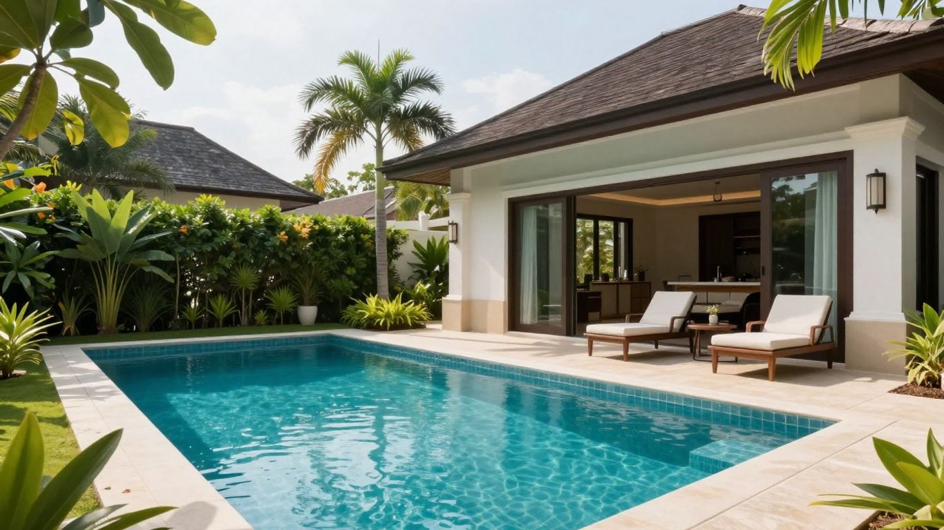 Luxury Phuket villa with swimming pool and tropical gardens.