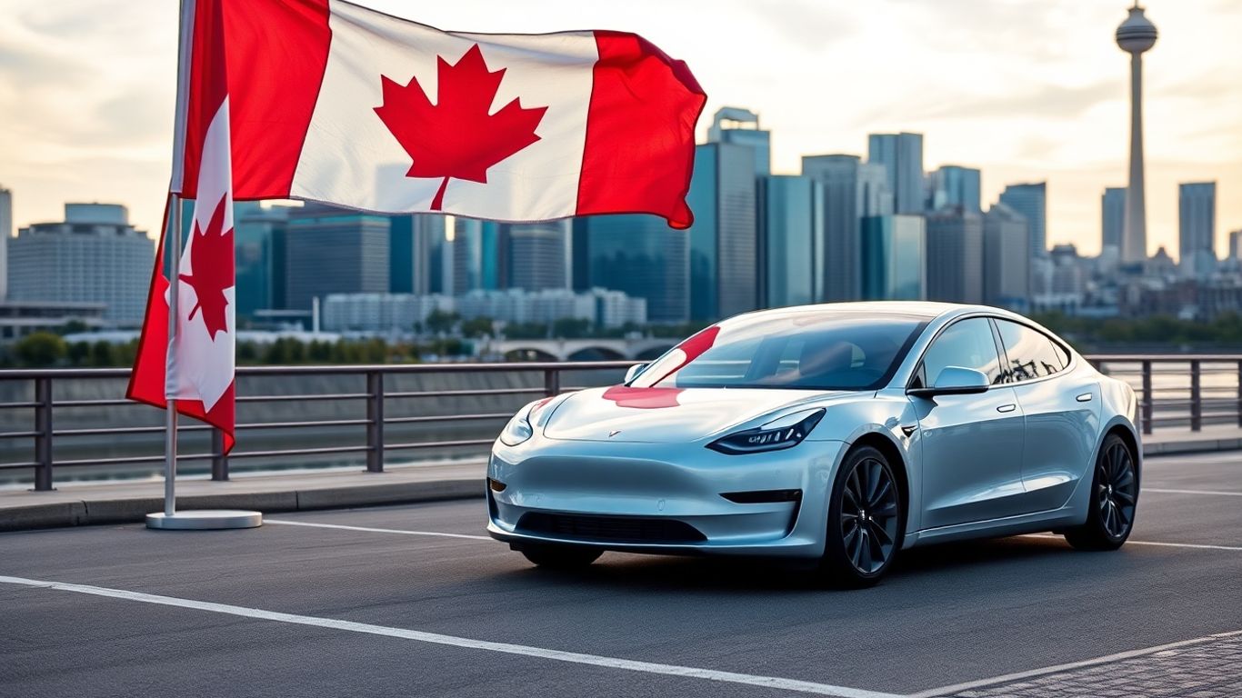 Tesla car and Canadian flag