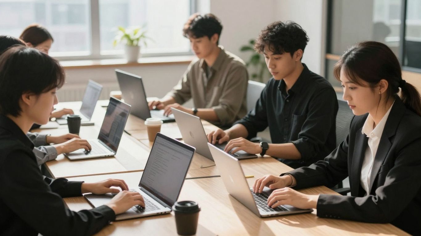 Team members using digital devices in a bright office.
