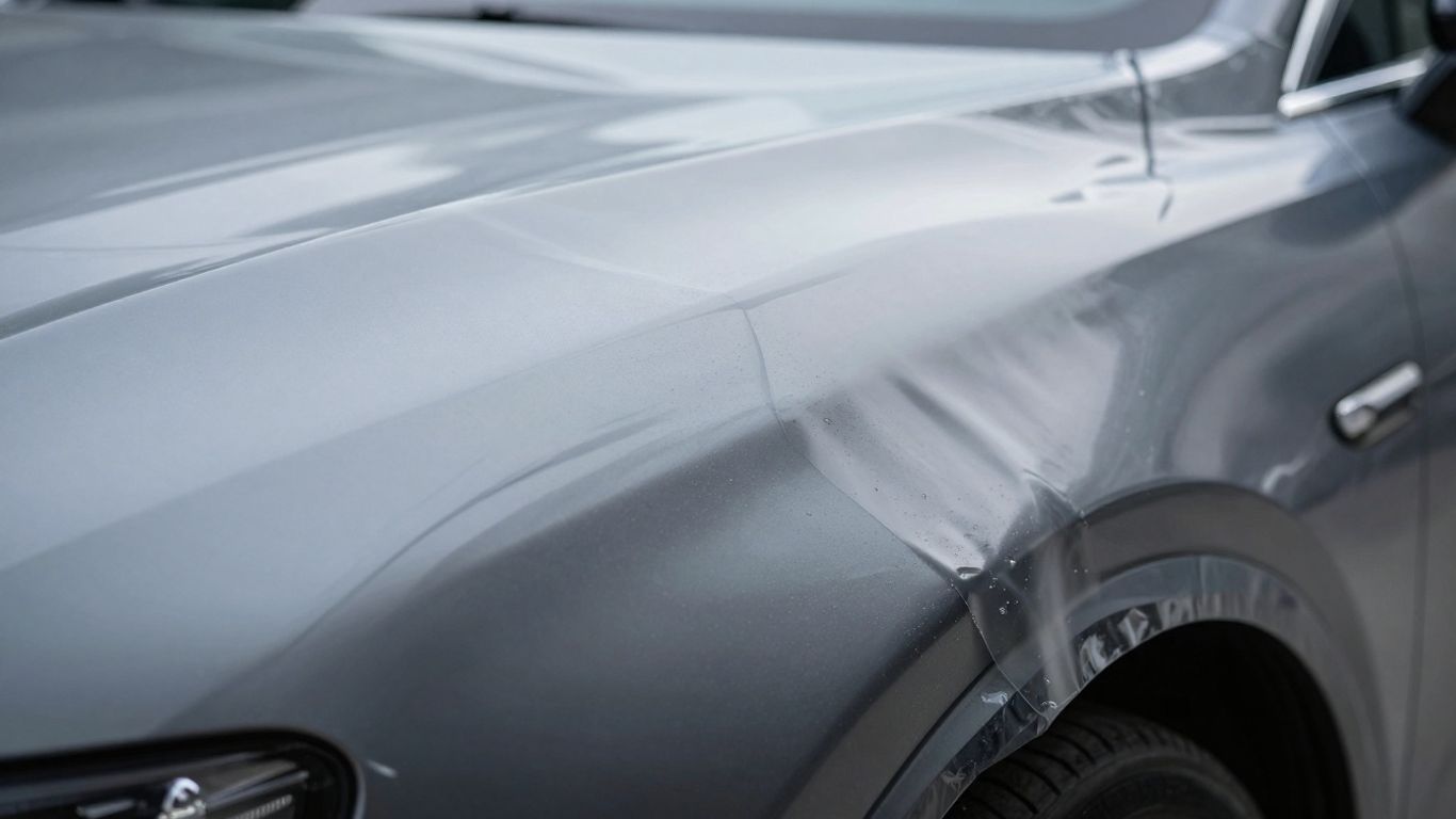 Car wrap covering a dent on a vehicle's surface.
