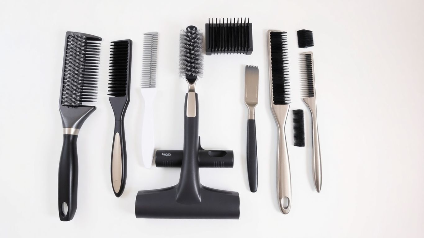 Cat hair cleaning kit with grooming tools and vacuum attachment.