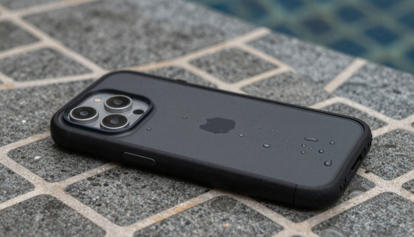 Generic smartphone in a waterproof case resting on pool tiles, close-up, with water droplets present