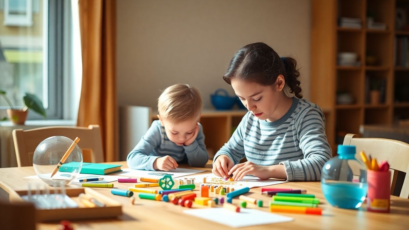 Parent and child doing preschool assessment activities at home.