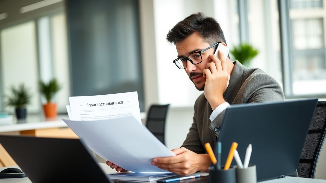 Persona llamando para cancelar seguro en oficina moderna