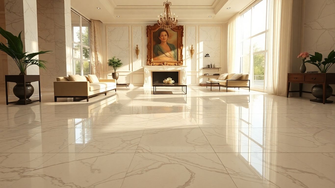 Elegant 24x24 marble floor tiles in a sunlit living room.
