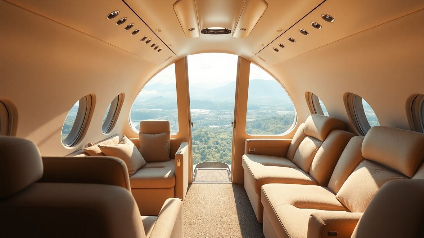 Interior of a luxurious private jet cabin.