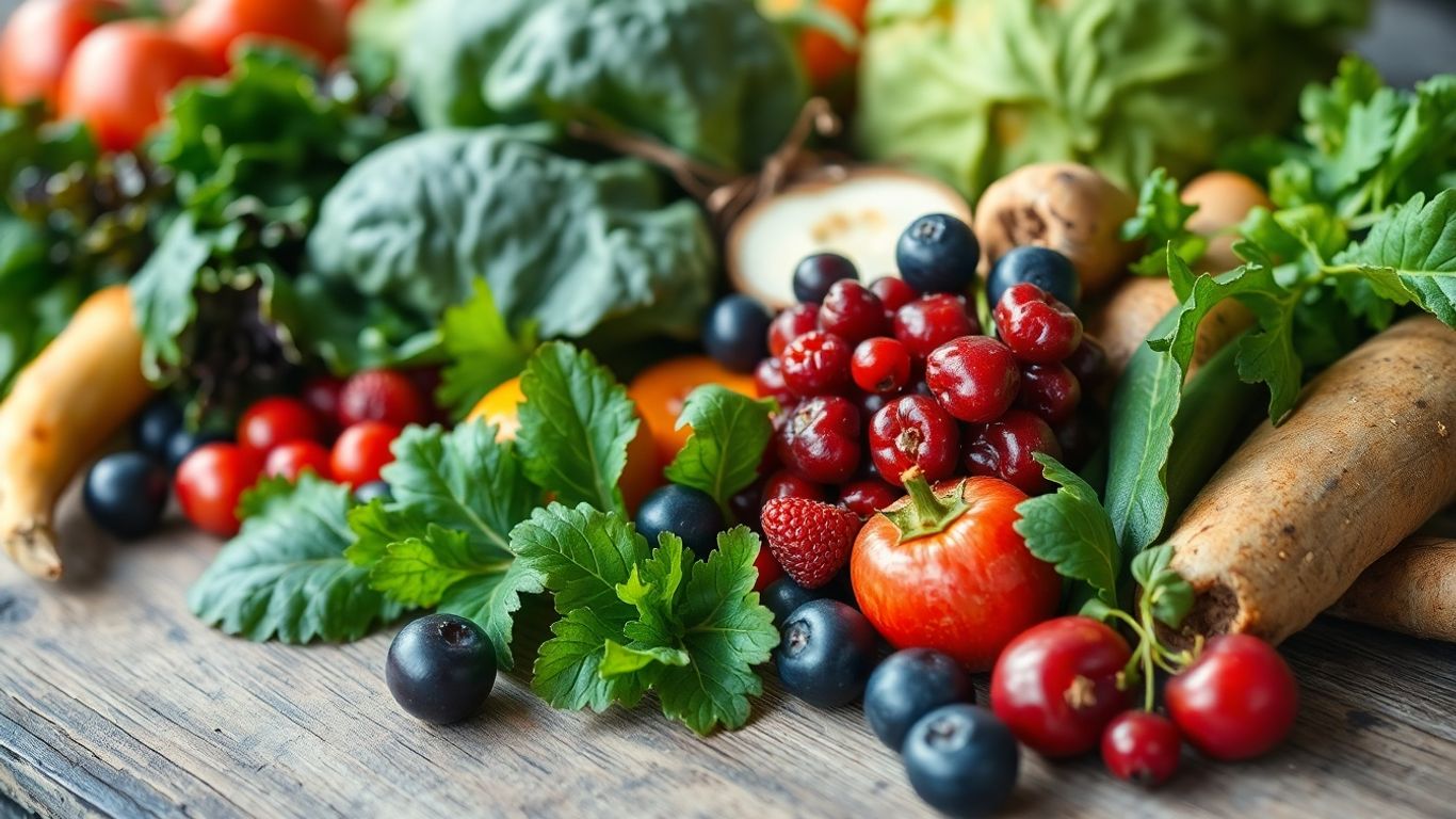 Fructe și legume proaspete, aranjate pe o suprafață de lemn.