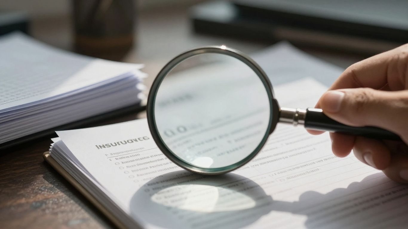Insurance claim documents and magnifying glass