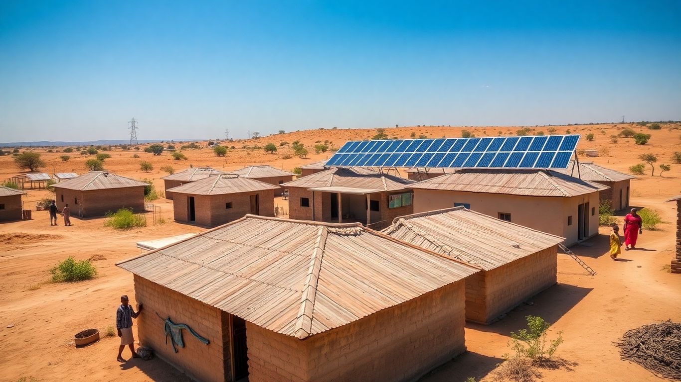 Village africain avec panneaux solaires sur les toits
