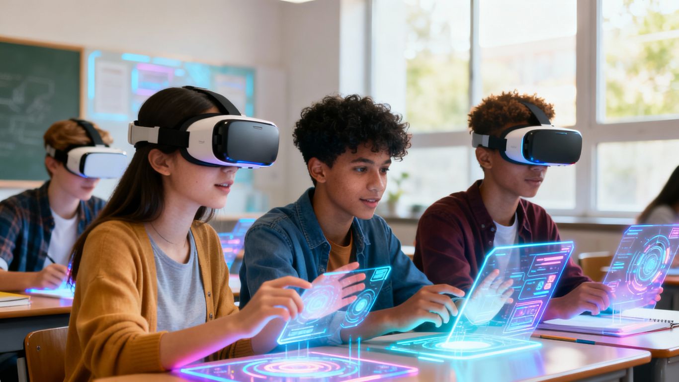 Students using interactive holographic and VR learning technology.