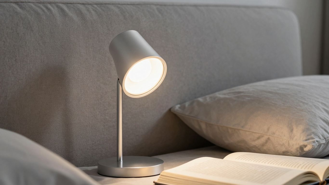 Clip-on reading light illuminating a book on a bed.