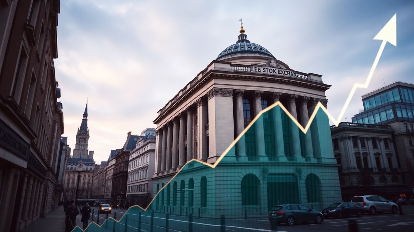 London Stock Exchange building with financial data overlay.